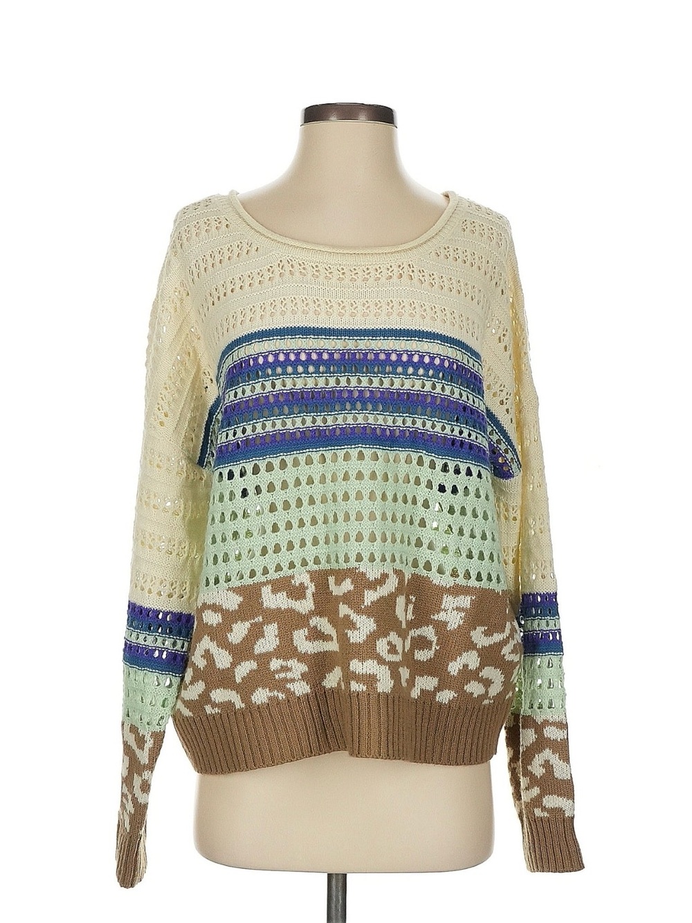 Ces Femme Size S Multicolor Leopard Print Open Knit Sweater Boho